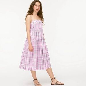 J.Crew Tie-Back Tiered Poplin Pink Plaid Midi 100% Cotton Sun Dress size 14